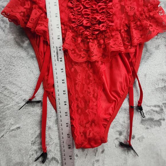 Vintage 80s Teddy Womens L Red Satin Ribbon Lace Ruffled Teddy Bodysuit Garters - Picture 9 of 10